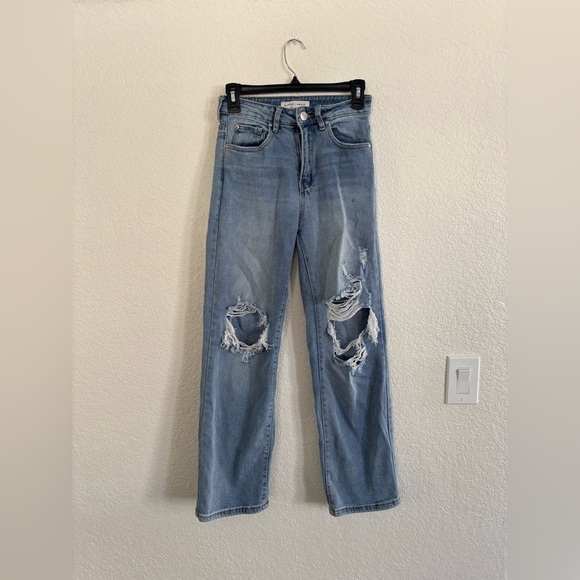 Almost Famous Light Blue Distressed Straight Leg Jeans - Picture 1 of 7